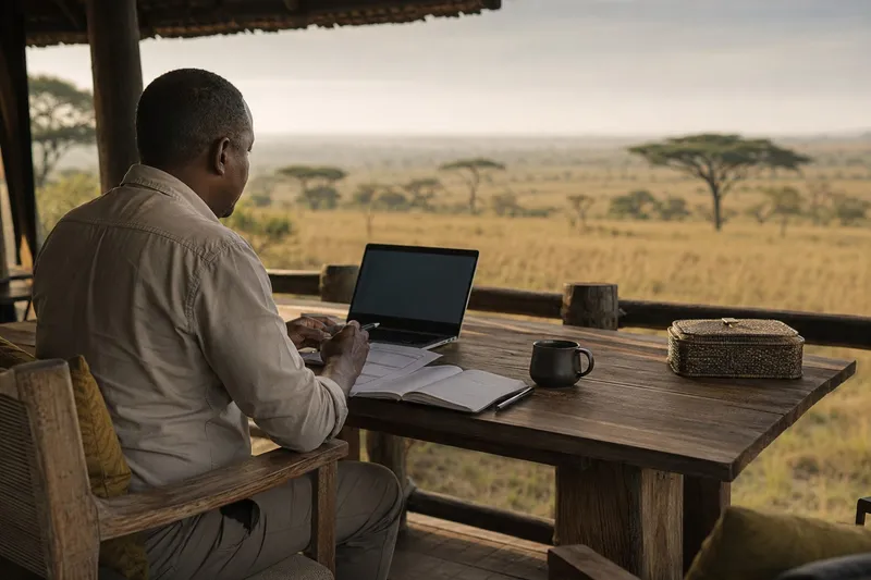 A safari tour operator reviewing plans on a laptop at an outdoor desk overlooking the savanna